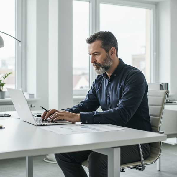 A person with a beard works intently on a laptop at a clean, modern desk in a well-lit office with large windows.