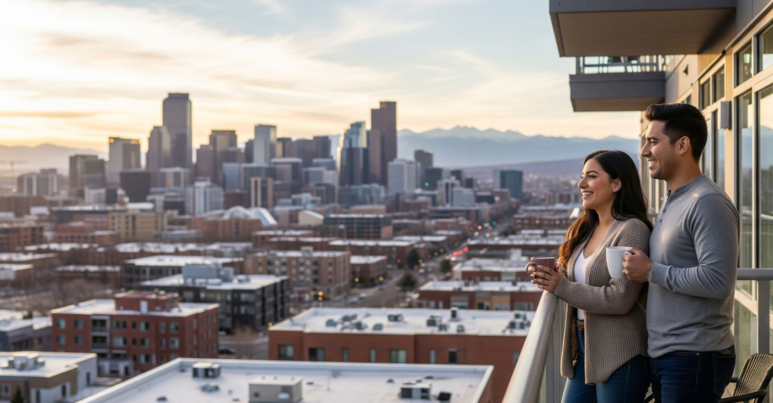 Couple on balcony looking out over Denver