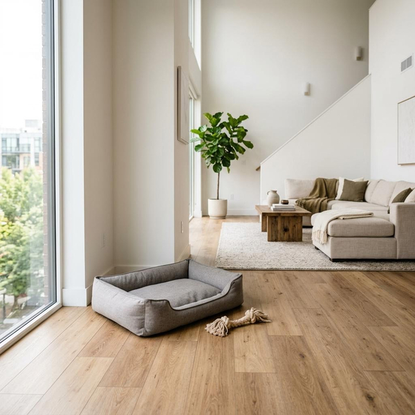 A clean fabric dog bed and a single rope toy sit neatly in a cozy corner A clean fabric dog bed and a single rope toy sit neatly in a cozy corner