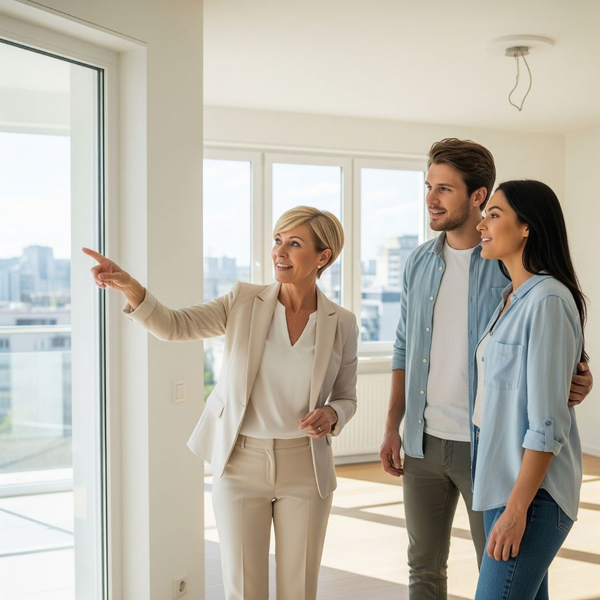 A couple on an apartment tour with a leasing agent A couple on an apartment tour with a leasing agent