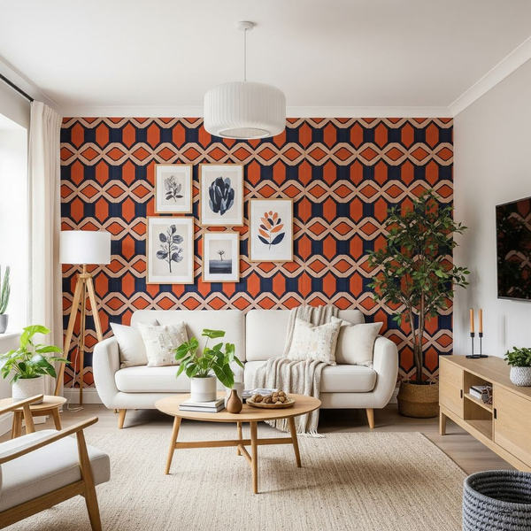 Apartment living room with bright wallpaper