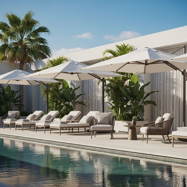 An elegant and inviting poolside sundeck with luxury furniture and resort-style landscaping.