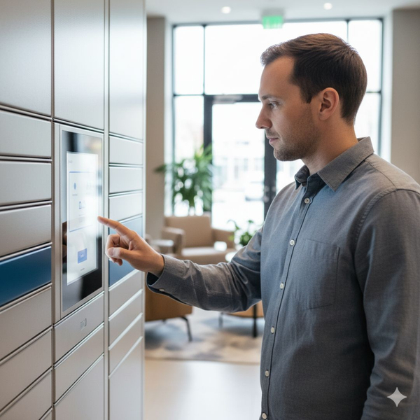 Professional stock photo of a resident using a touchscreen on a smart package locker system