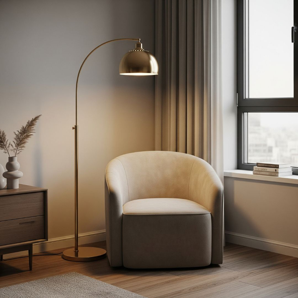 Leather chair with a gold reading lamp