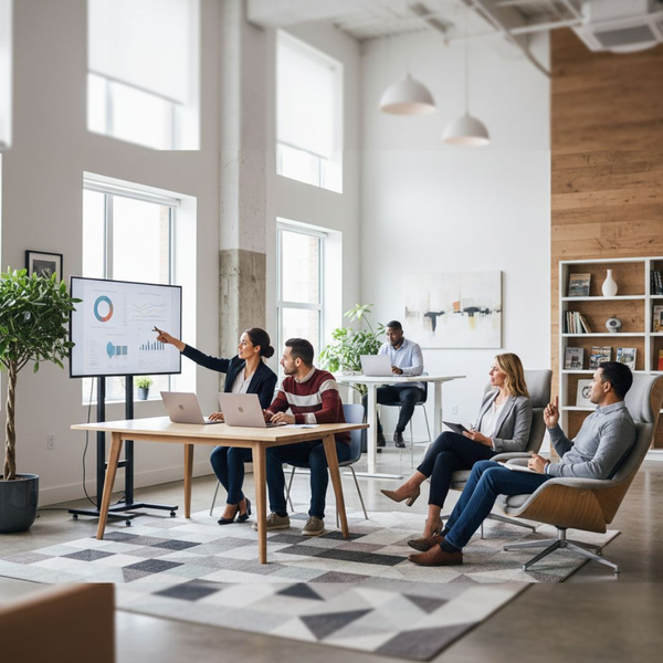 Diverse group of professionals collaborating in a modern, brightly lit co-working lounge