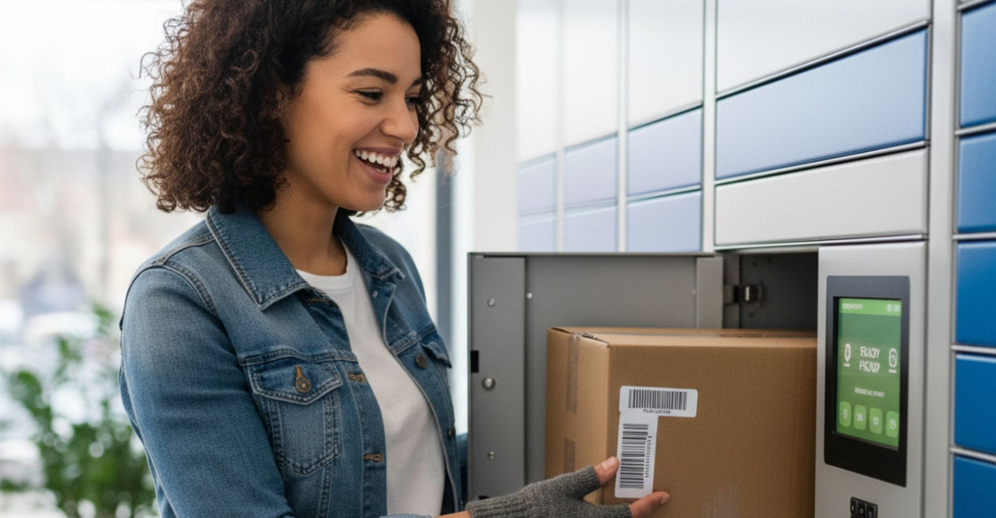 Professional stock photo of a woman smiling while opening a secured parcel locker Professional stock photo of a woman smiling while opening a secured parcel locker