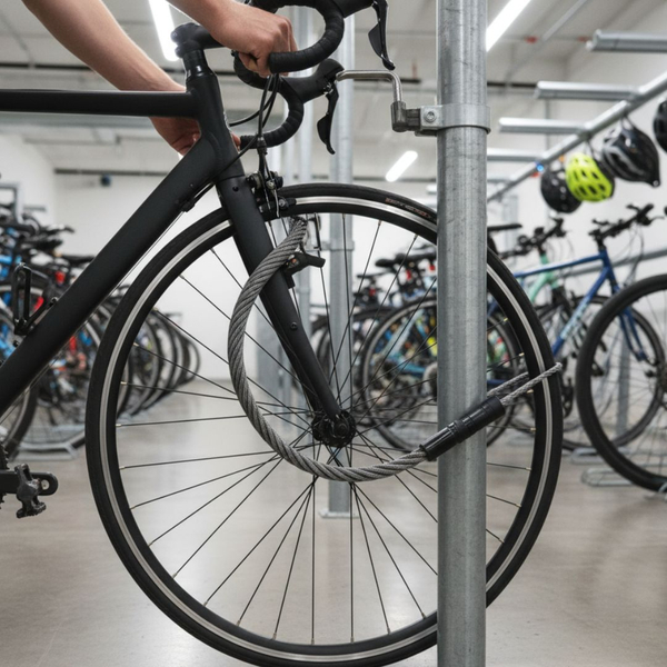 Close-up of a bicycle being locked into a secure, indoor storage rack