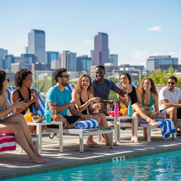 A diverse group of young adults enjoying a social gathering by a sunlit swimming pool.