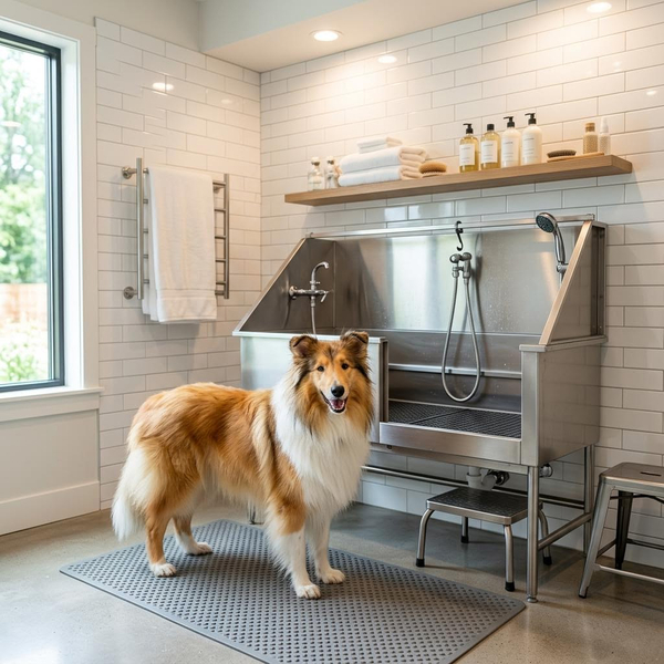 A fluffy, clean collie stands happily next to the basin in a dog wash room A fluffy, clean collie stands happily next to the basin in a dog wash room