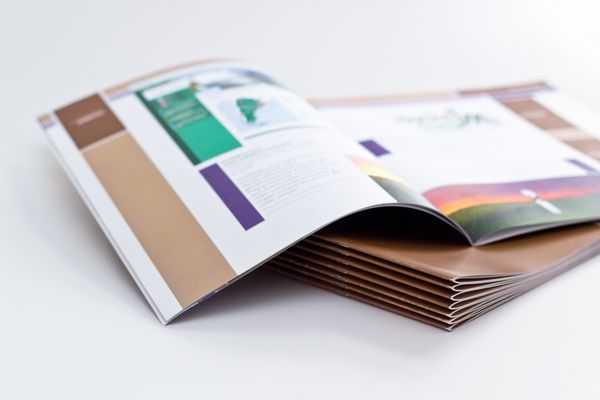stack of saddle-stitched booklets, top one spread open