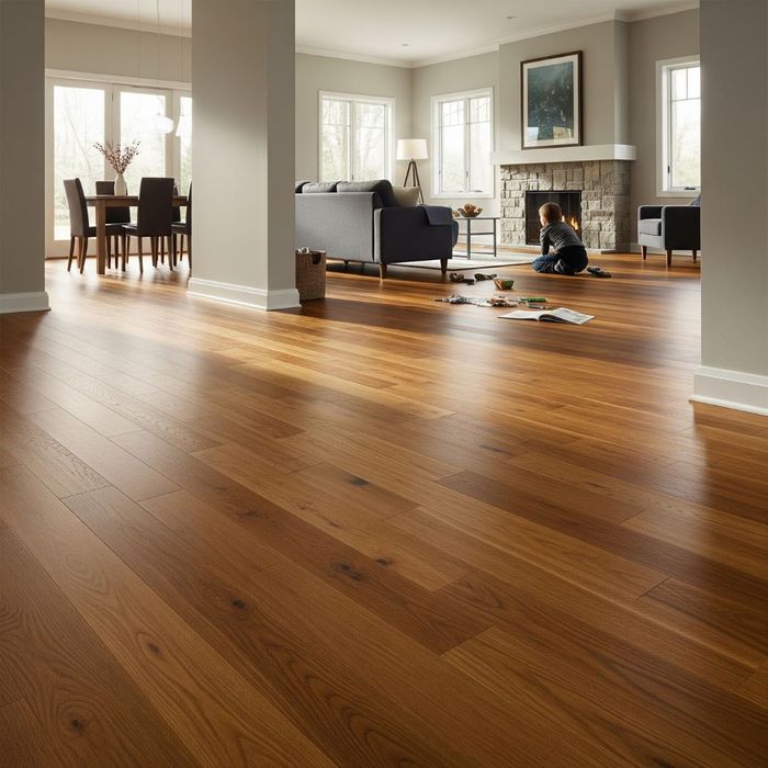 Durable real wood flooring in a high-traffic area Durable real wood flooring in a high-traffic area