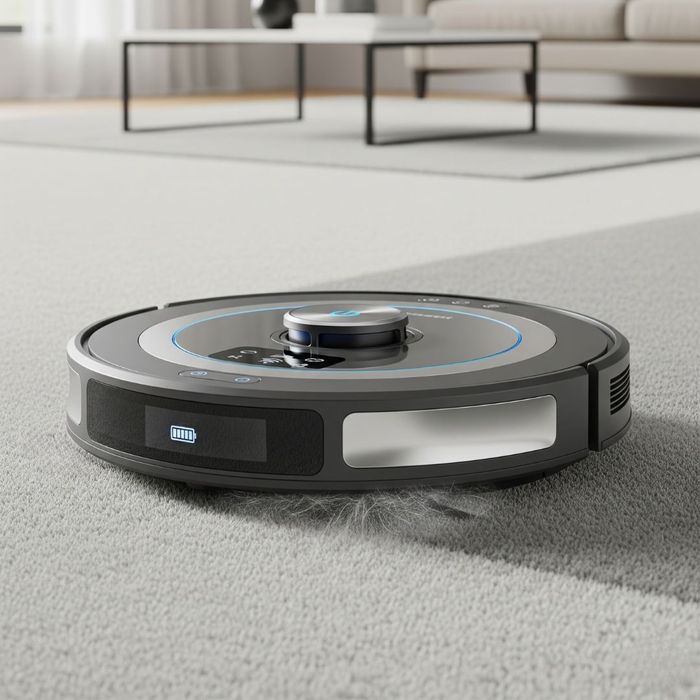 A modern vacuum cleaner is shown close-up on a clean, neutral-colored residential carpet.