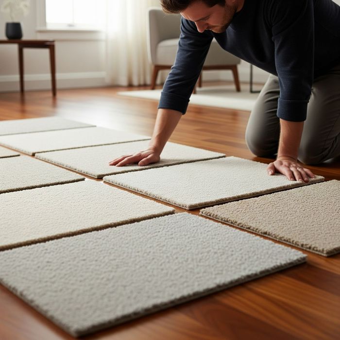 A person's hand feels the texture of several different high-quality carpet samples laid out side-by-side.