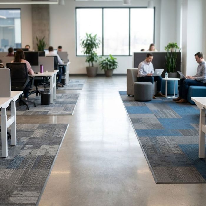 A wide view of a modern open-plan office showing distinct zones for collaboration and focus defined by grey and blue patterned modular carpet tiles.
