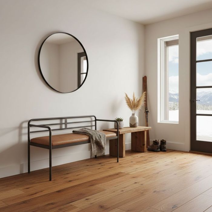 A modern entry way into a Colorado home with real wood flooring.