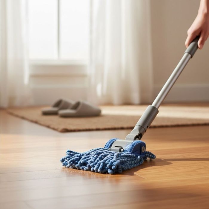A close-up of a person using a blue microfiber mop to gently dust a polished wood floor.