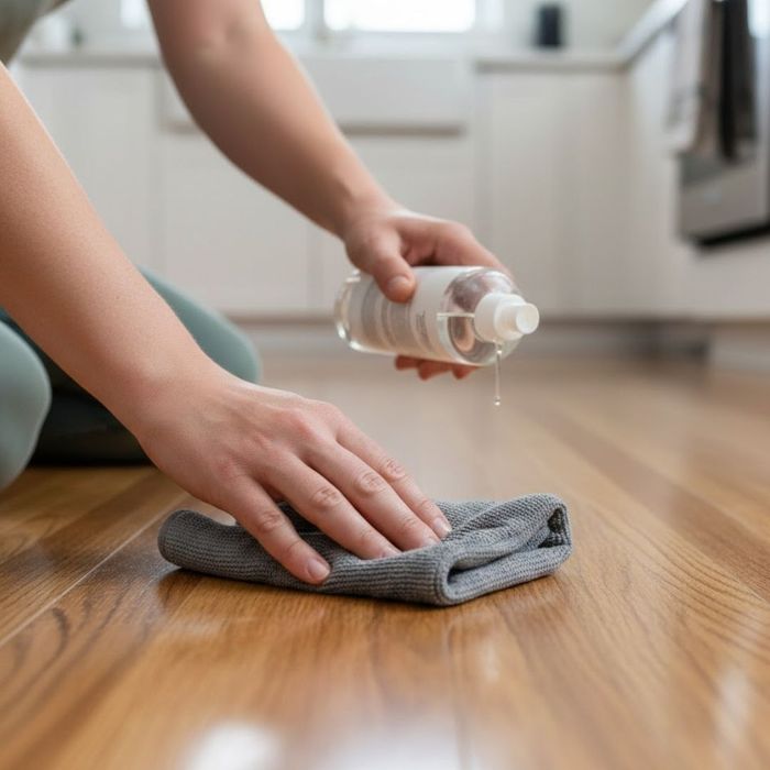 A person applying a small amount of liquid floor cleaner to a soft grey microfiber cloth.
