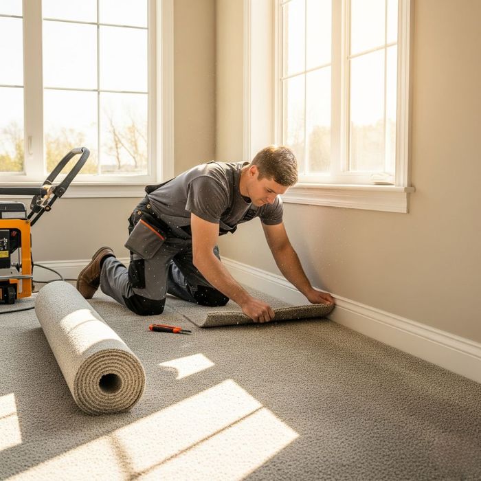 A flooring installer wearing knee pads carefully fits new carpet into the corner of a room.