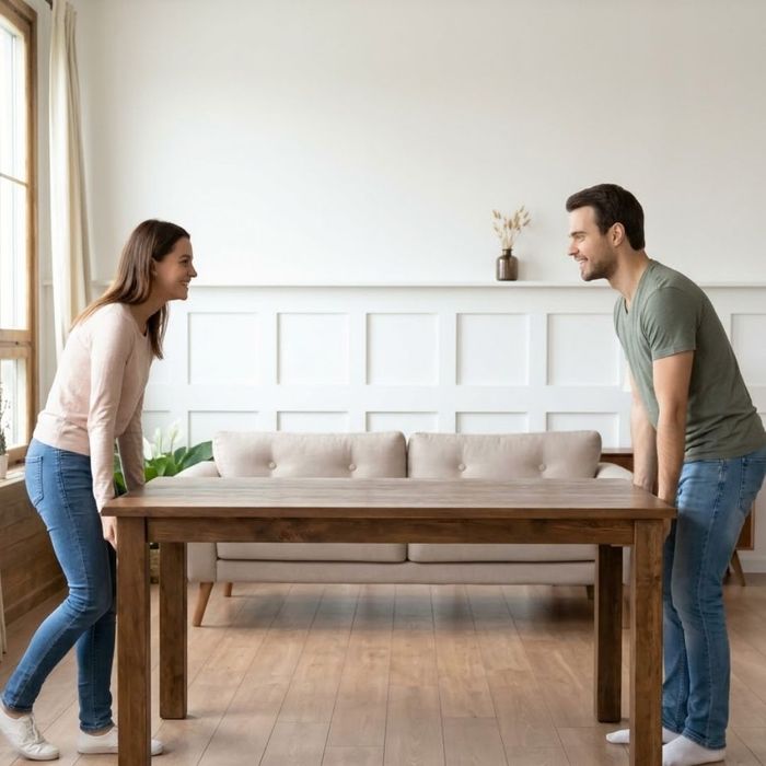 A couple moving a table.