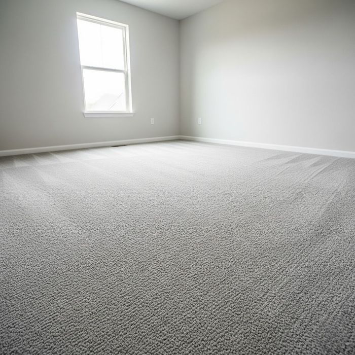 A bright, empty room showcases the pristine look of freshly installed wall-to-wall grey carpet.