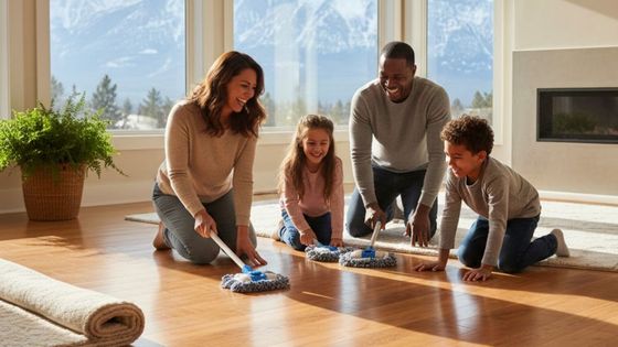 A happy family of four cleaning their bright, modern hardwood floors together using microfiber mops.