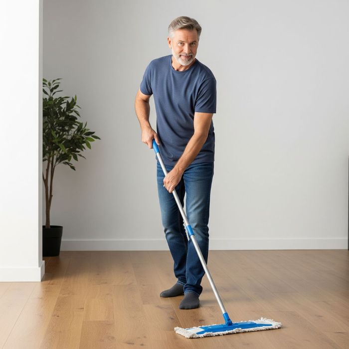 Person easily cleaning a real wood floor Person easily cleaning a real wood floor