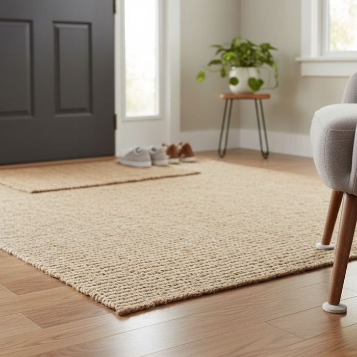 A clean entryway featuring a natural fiber rug and felt protectors on the legs of a chair.