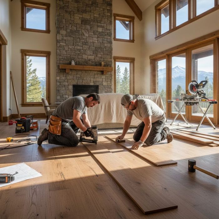 Two contractors installation new wood flooring in a rustic Colorado home.