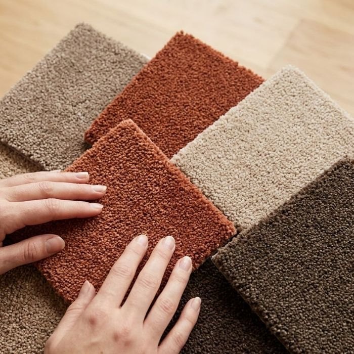 A top-down view of overlapping, earth-toned carpet samples in terracotta and warm taupe hues, with natural hands touching one sampl