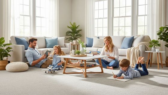 A smiling family enjoys time together on the floor of their bright, comfortable living room with new carpet.