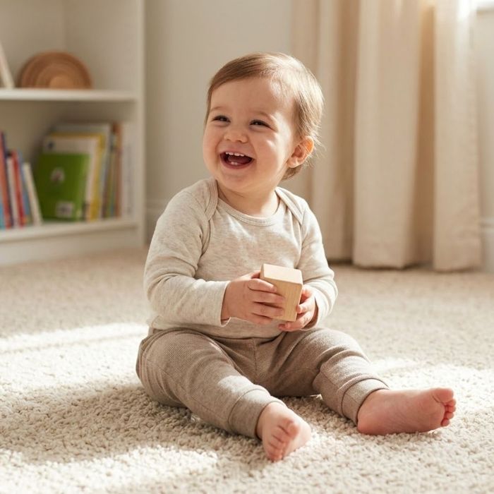 A toddler sits laughing on a plush, oatmeal-colored sustainable wool carpet in a sunlit nursery, holding a wooden toy block.