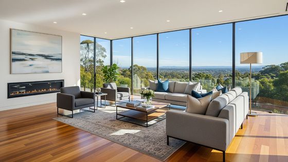 A wide-angle, photo-realistic shot of a modern living room with large windows, featuring a beautiful real wood floor.