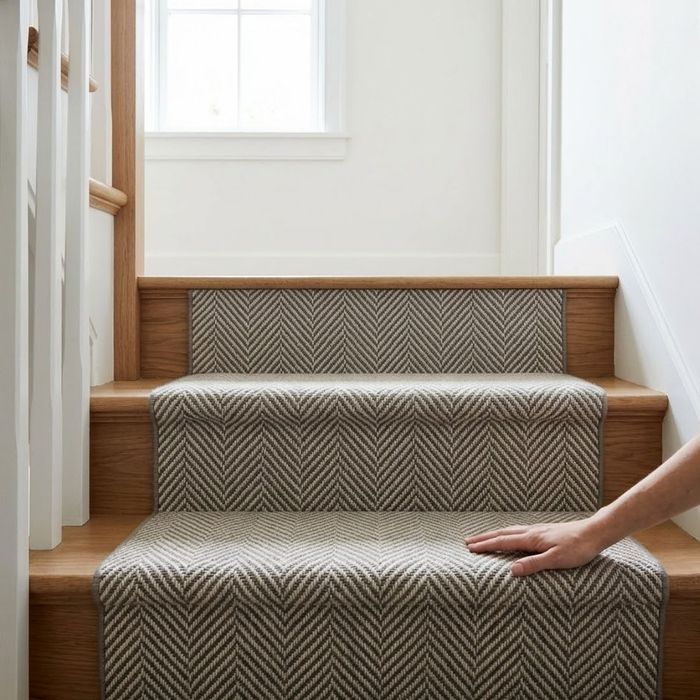 A medium close-up of a geometric herringbone carpet runner installed on wooden stairs, with a hand lightly touching the textured surface.