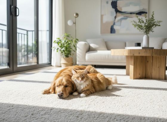 A happy dog and cat sitting on clean, plush beige carpet in a sunlit modern living room.