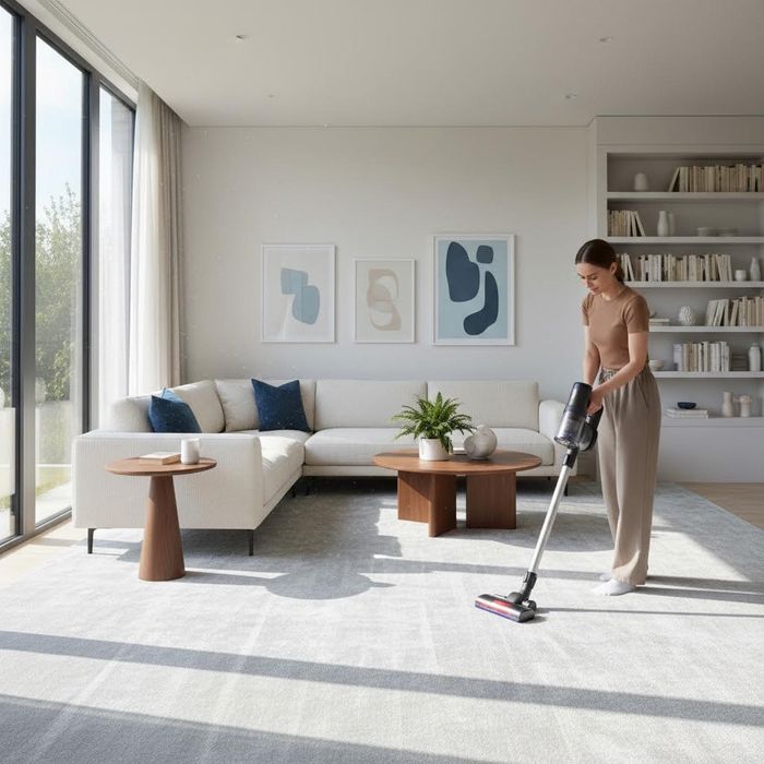A person vacuuming a clean, stylish carpet in a well-lit home.