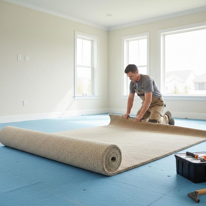 A professional installer laying down a roll of new, clean carpet in a home.