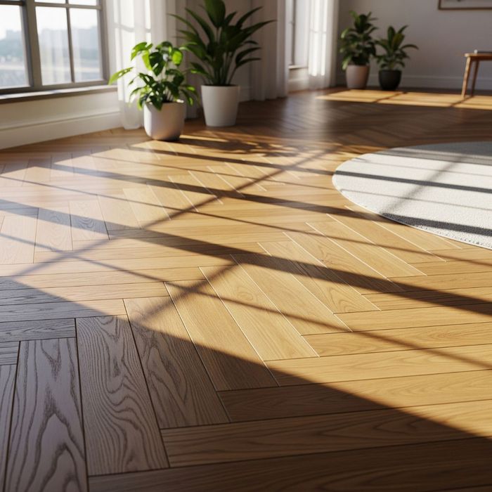 A photo-realistic shot of a herringbone pattern wood floor in a brightly lit room. A photo-realistic shot of a herringbone pattern wood floor in a brightly lit room.