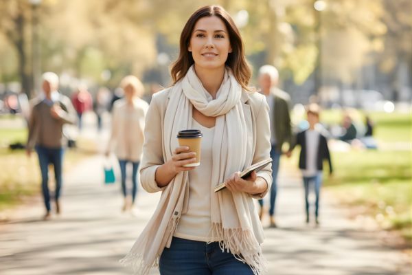 a woman engaged in an everyday activity, looking peaceful and confident