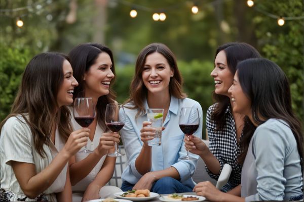 a woman with her friends who are drinking, and she is enjoying a non-alcoholic beverage