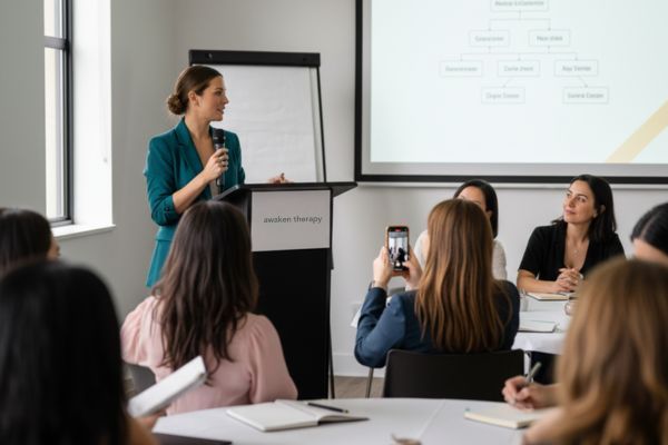 A professional woman in a teal blazer speaks from a podium with the "Awaken Therapy" logo, presenting on "Mental Resilience & ACT Principles" to an attentive audience of women in a well-lit conference room. Several audience members are taking notes or phot