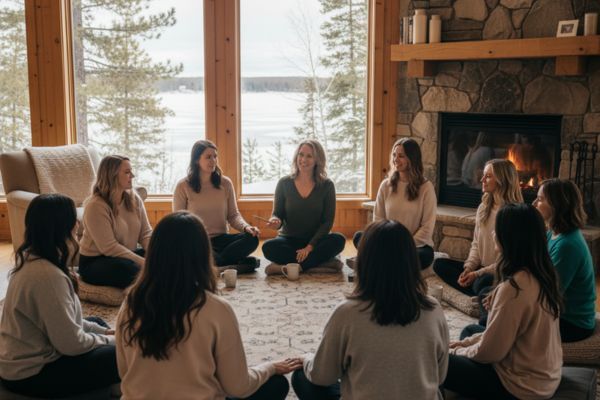 A group of nine women seated in a circle on floor cushions in a cozy, rustic room with large windows overlooking a lake and snowy trees. A stone fireplace with a gentle fire glows in the background, creating a warm and supportive atmosphere for a women's g
