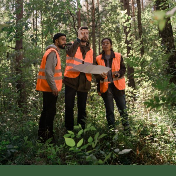 Three workers in orange vests examining a map outdoors