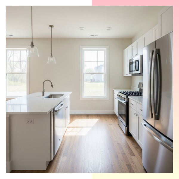 A spotless new kitchen after a post-construction cleaning service, showing clean countertops and sparkling floors. Aurora, CO4.png