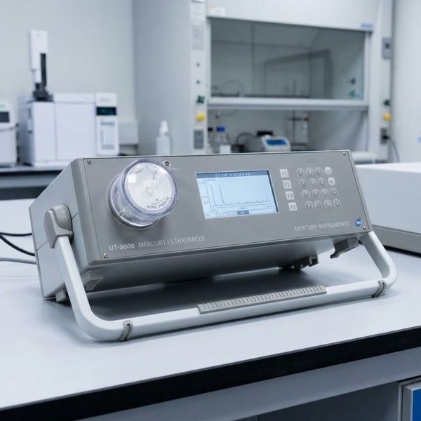 A Mercury Instruments UT-3000 Mercury Ultratracer sitting on a laboratory workbench, featuring a digital display screen showing real-time analysis data and a circular sampling inlet, ready for ultra-trace level detection