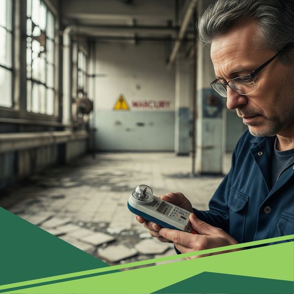 Technician holding a mercury vapor meter in an abandoned industrial building