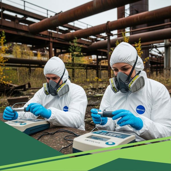 Environmental field workers using mercury analyzers near an abandoned industrial site