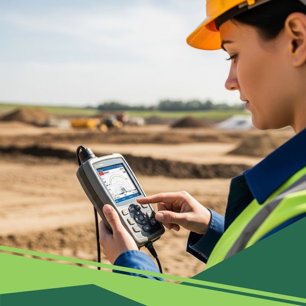 Technician in the field reading live mercury vapor data from a handheld analyzer.