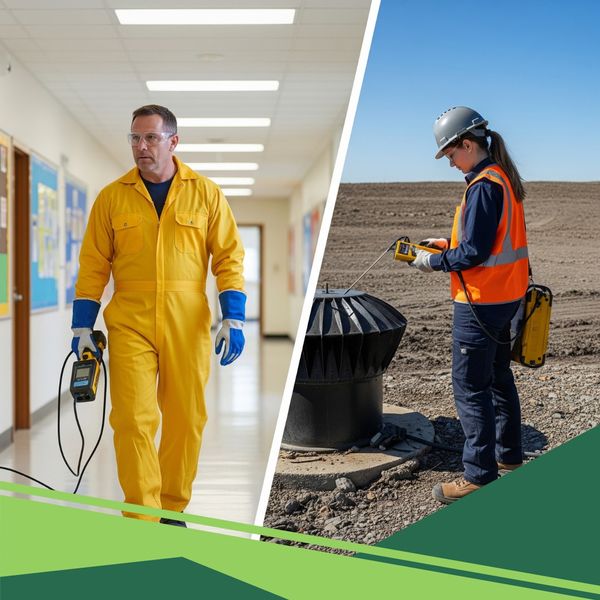 (on the left side) a technician walking through a school hallway with a handheld mercury vapor detector; and (on the right side) a worker on rough outdoor terrain testing near a landfill vent