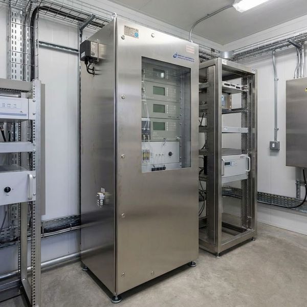 A rugged, floor-mounted stainless steel Mercury Monitoring System (MMS-NG) cabinet installed inside a climate-controlled industrial analyzer shelter, designed for continuous natural gas analysis