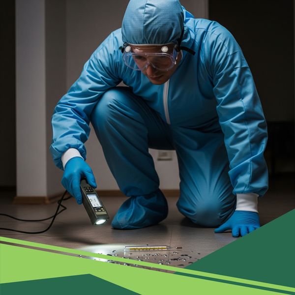 broken thermometer on a home bathroom floor and a homeowner using a small handheld mercury detector to inspect the area
